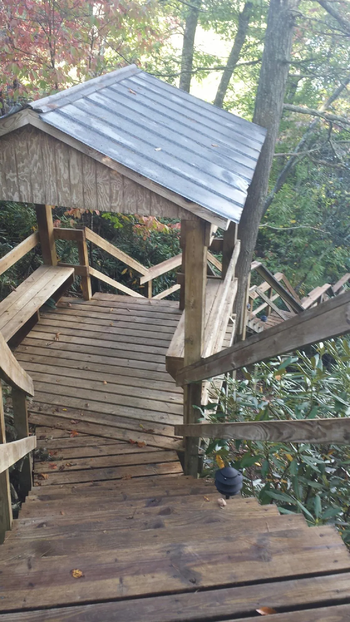 Metal roofed shelter over wooden steps on a wooded walkway — Skylight Repair & Installation work by our crew in Revloc